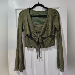 Green Top with Tie Front, Sheer long sleeves
